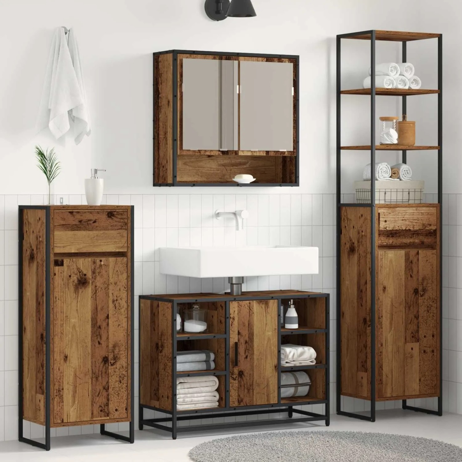 Hoher vidaXL Badezimmerschrank Altholz-Optik, schwarzer Metallrahmen, mit Schublade, Tür und offenen Fächern.