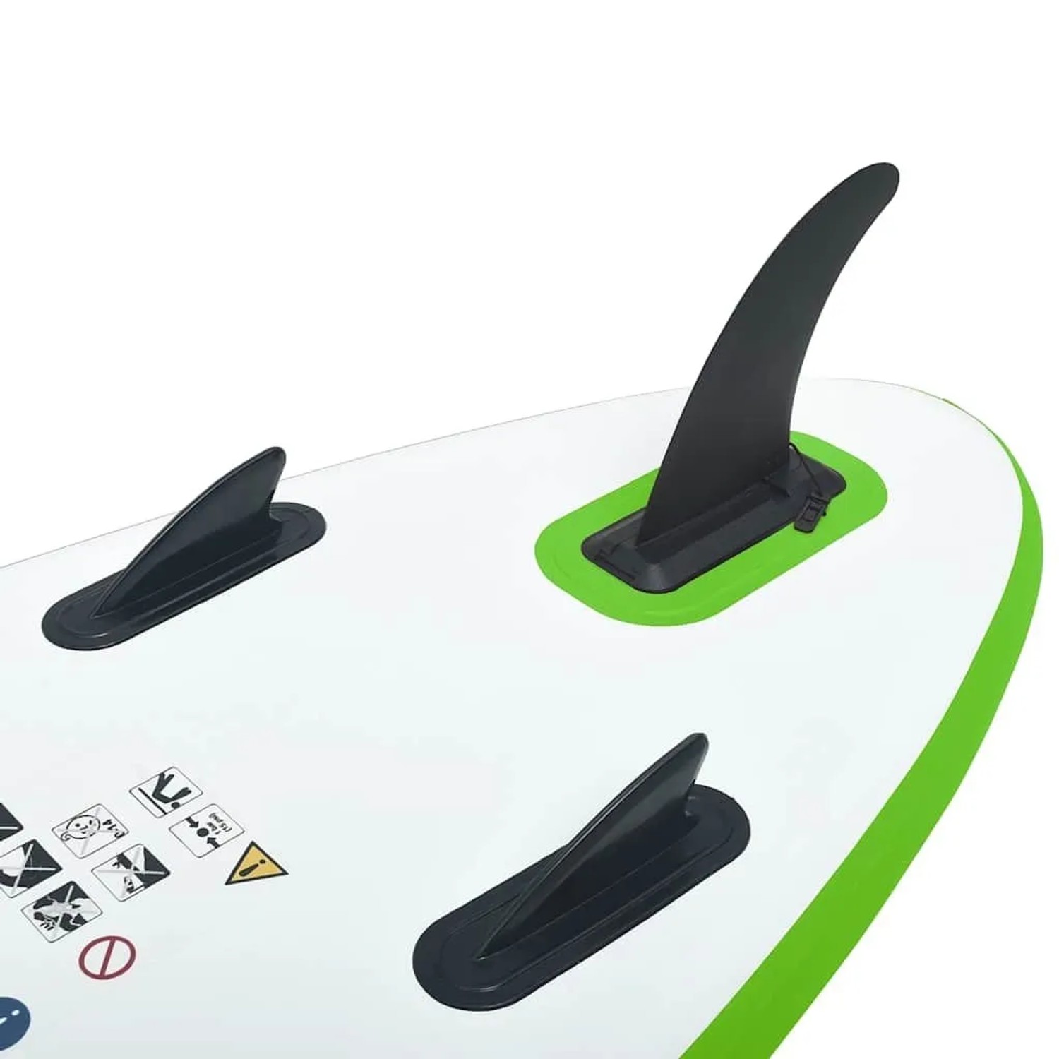 Drei schwarze Finnen auf einem grün-weißen aufblasbaren SUP-Board. Eine große, abnehmbare Finne für Stabilität beim Wassersport.