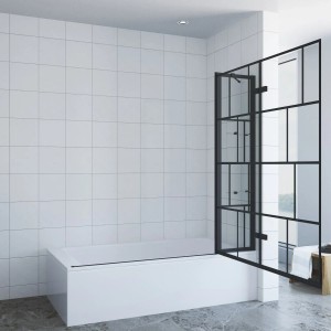 Aquabatos Badewannenaufsatz, 3-teilige Duschwand aus Glas mit schwarzem Rahmen.