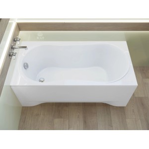 Weiße rechteckige Acryl-Badewanne 180x80 cm mit Ablauf und Füßen, modernes Design im Bad.