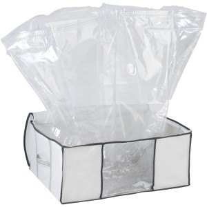 Wenko Vakuum Soft Box L, weiße Textilbox mit durchsichtiger Vakuum-Tasche für platzsparende Aufbewahrung.