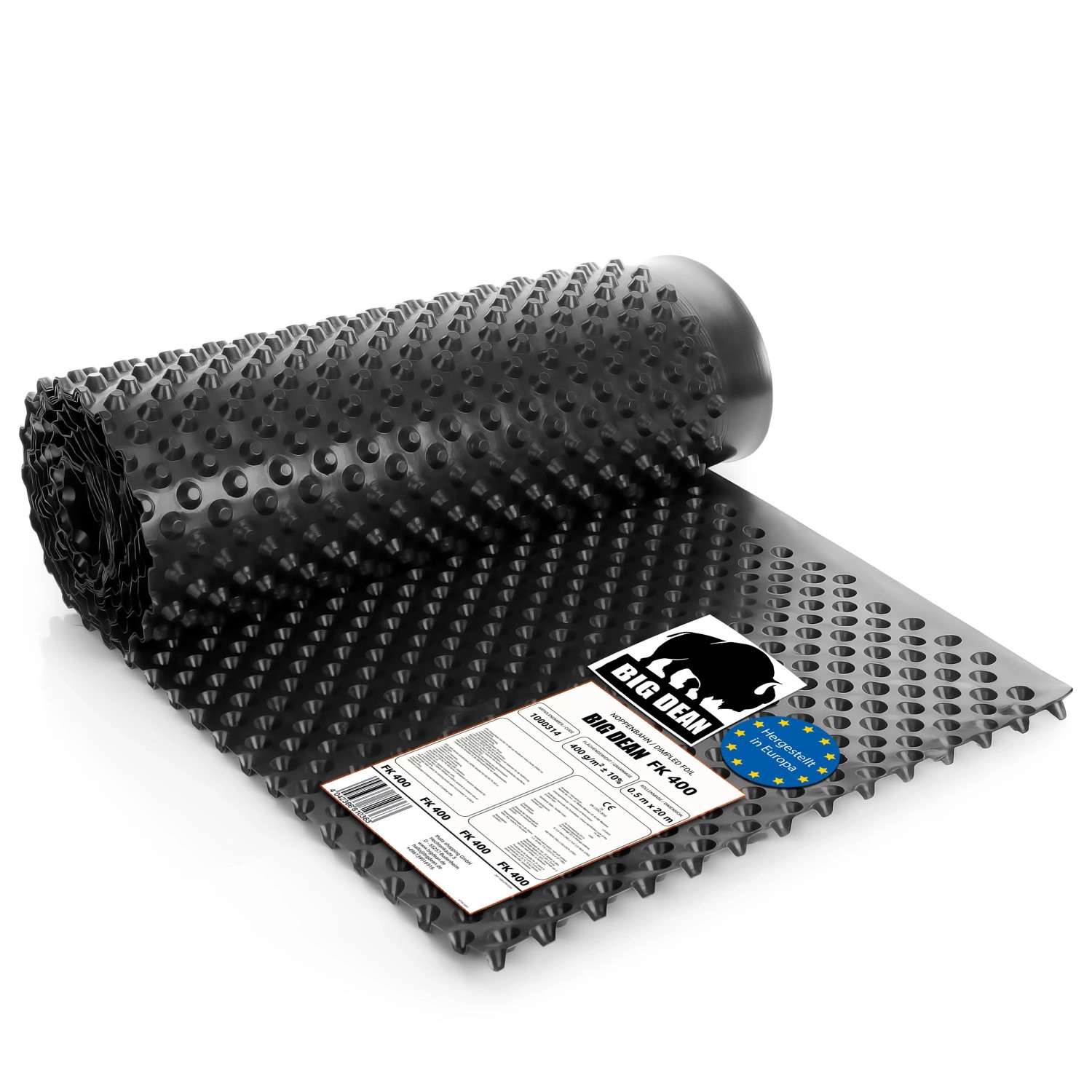 Schwarze BigDean Noppenfolie, gerollt, mit Noppenstruktur. Ideal als Nässeschutz für Hochbeete, Mauern und Drainage.