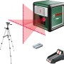 Bosch Quigo Plus Kreuzlinienlaser mit Stativ, projiziert rote Laserlinien mit Markierungen.