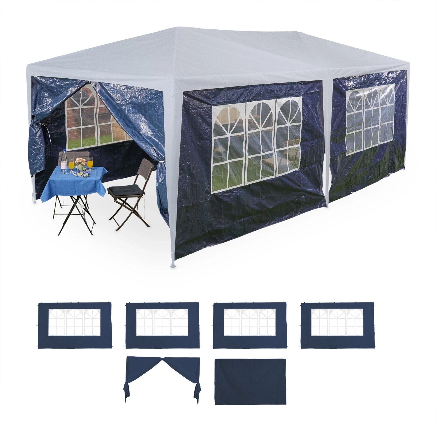 Relaxdays Pavillon Seitenteile 6er Set PE-Kunststoff Blau Wasserdicht Reißfest 3 m x 6 m