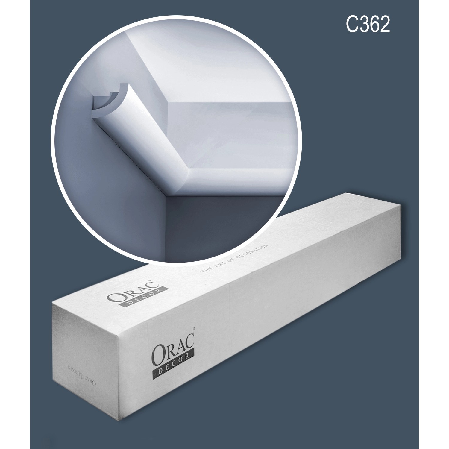ORAC DECOR C362 LUXXUS Zierleisten Set mit Verpackung und Anwendungsbeispiel.