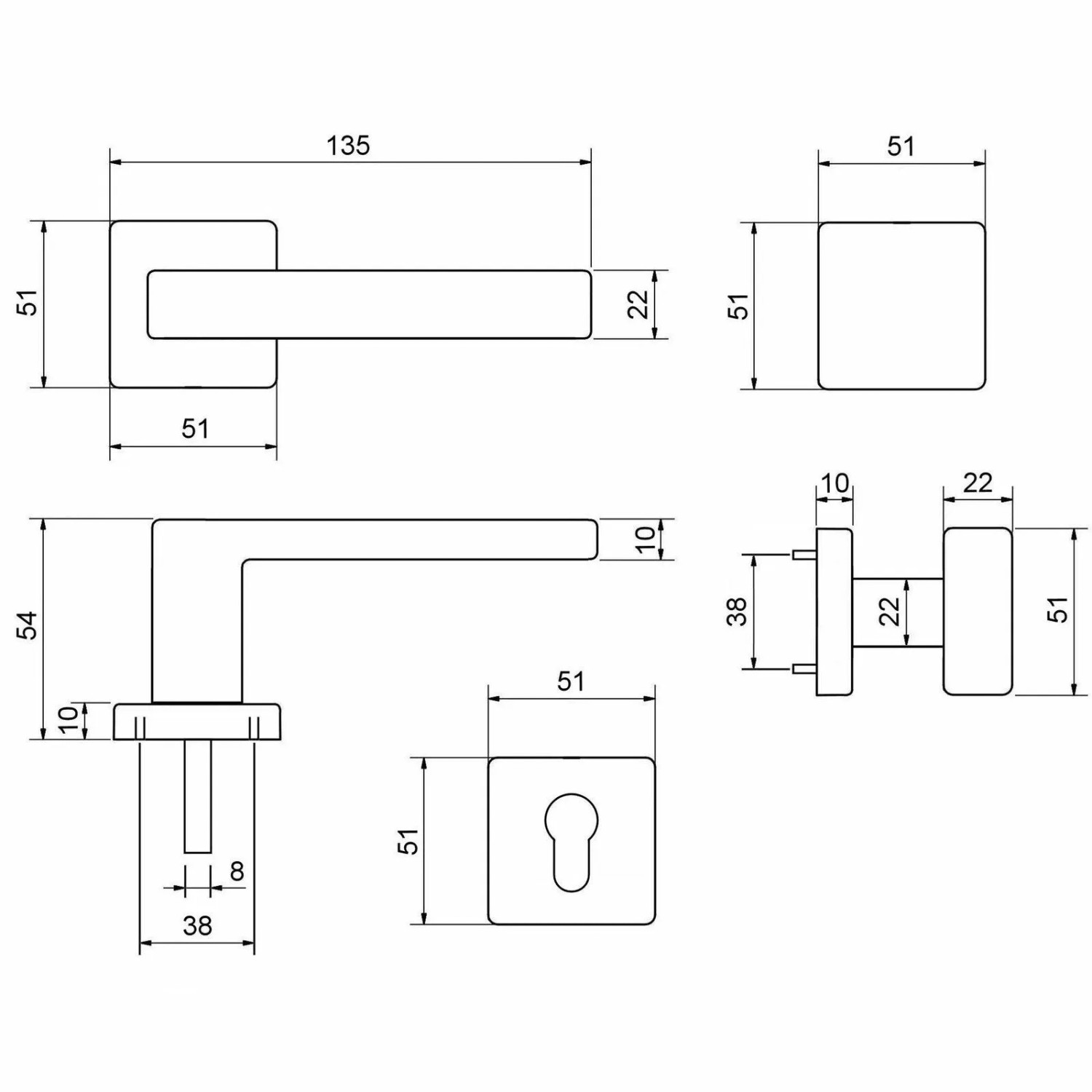 Technische Zeichnung: SOTECH Türdrückergarnitur CUBE Schwarz mit Rosette, Profilzylinder und Knauf, Maße in mm.
