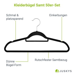 Schwarzer Juskys Kleiderbügel aus Samt, 50er Set für die textile Aufbewahrung im Kleiderschrank.