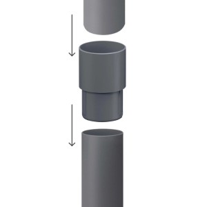 Inefa Fallrohrverbinder PVC DN 50 Anthrazit. Zeigt die einfache Steckmontage des Verbindungselements für Fallrohre.