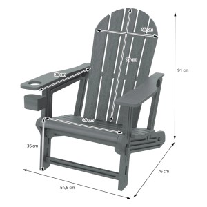 Grauer ML-Design Adirondack Gartenstuhl aus Kunststoff mit Getränkehalter und Maßangaben.