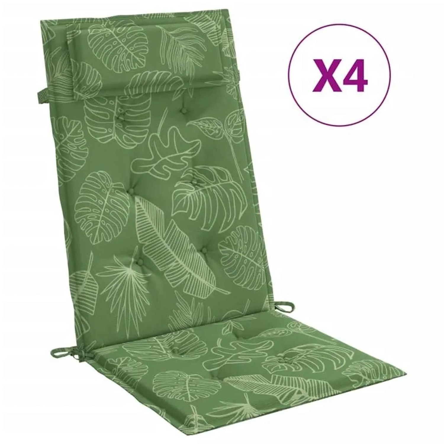 Set aus 4 grünen Hochlehner-Auflagen mit weißem Blattmuster aus Oxford-Gewebe für Gartenstühle.