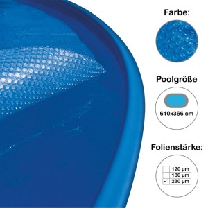 Blaue Solarplane 525x330 cm, 230 µm, für ovale Quick Up Pools 610x366 cm mit breitem Handlauf.