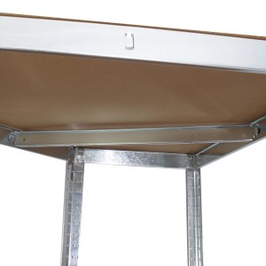 Detailaufnahme: TRUTZHOLM Eckregal, Schwerlastregal mit verzinktem Stahlrahmen und MDF-Böden.