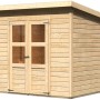 Karibu Holz-Gartenhaus Neuenburg 3 aus Naturholz mit Pultdach und Doppeltür mit Fenstern.