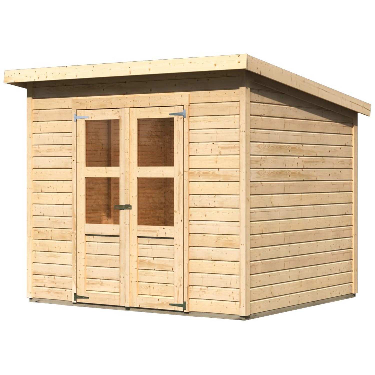 Karibu Holz-Gartenhaus Neuenburg 3 aus Naturholz mit Pultdach und Doppeltür mit Fenstern.