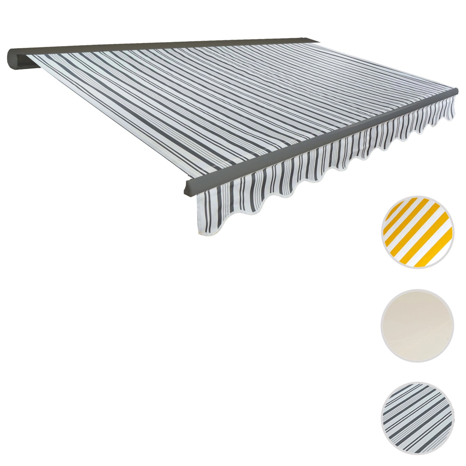 MCW Kassettenmarkise H122, 4x3m, grau/weiß gestreift mit Volant. Markise für Terrasse und Balkon.