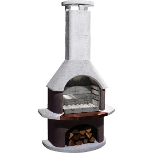 Buschbeck Gartengrillkamin San Remo, weiß-brauner Grillkamin aus Beton mit Grillrost und Holzlager.