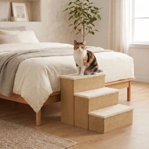Beige Hundetreppe mit 3 Stufen und Stauraum neben einem Bett. Eine Katze sitzt auf der faltbaren Tiertreppe.
