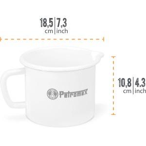 Weißer Petromax Emaille Milchtopf (1 L) mit Griff und Ausgießer, Maße eingeblendet.