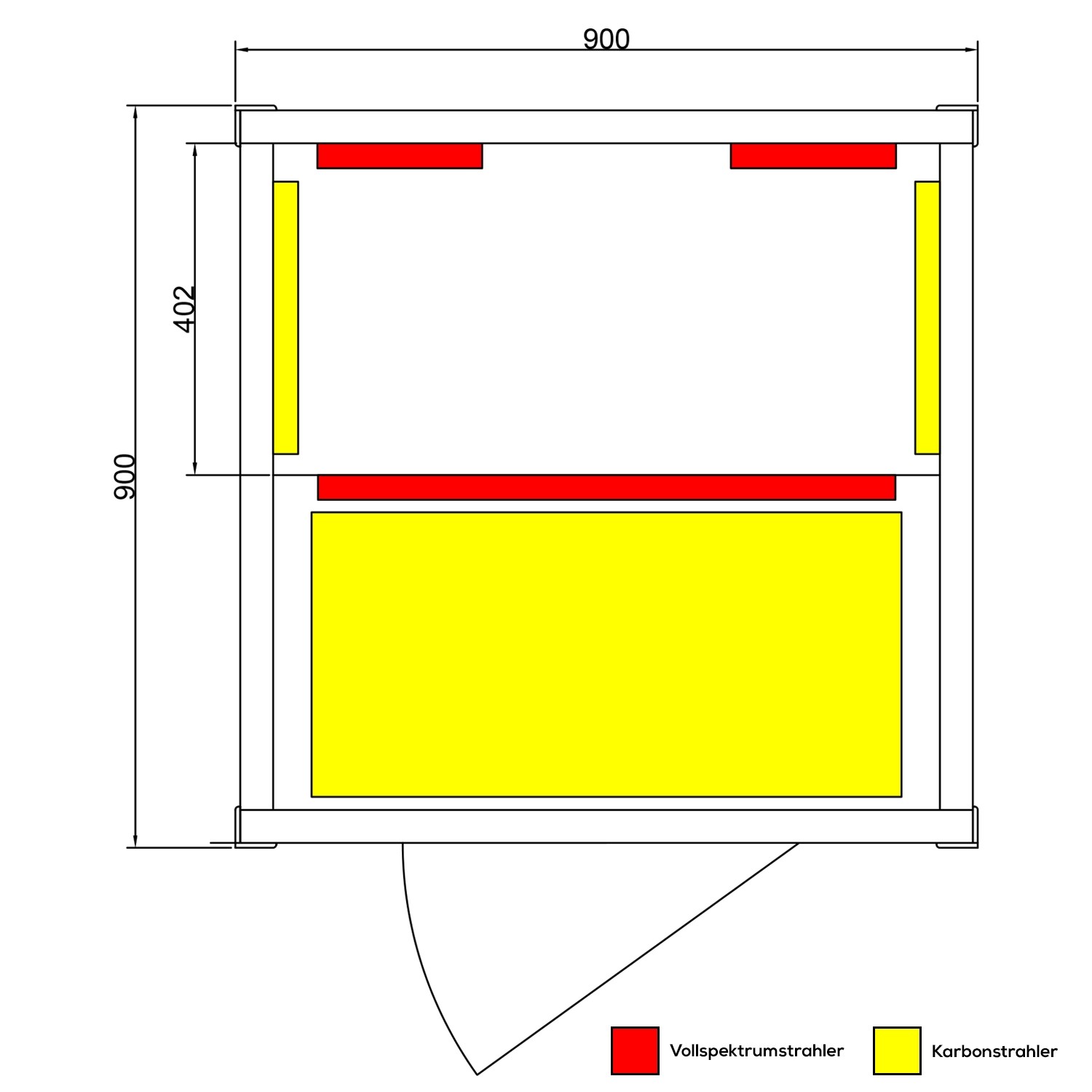 Skizze der Dewello Infrarotkabine Pierson mit Maßen und Position der Vollspektrum- und Karbonstrahler.