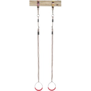 SwingKing Turnringe aus Metall mit roten Kunststoffgriffen und Seilen für Gartenspielgeräte.