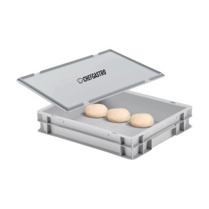 CHEFGASTRO Pizzaballenbox mit Deckel, 9L, grau, mit drei Teiglingen.