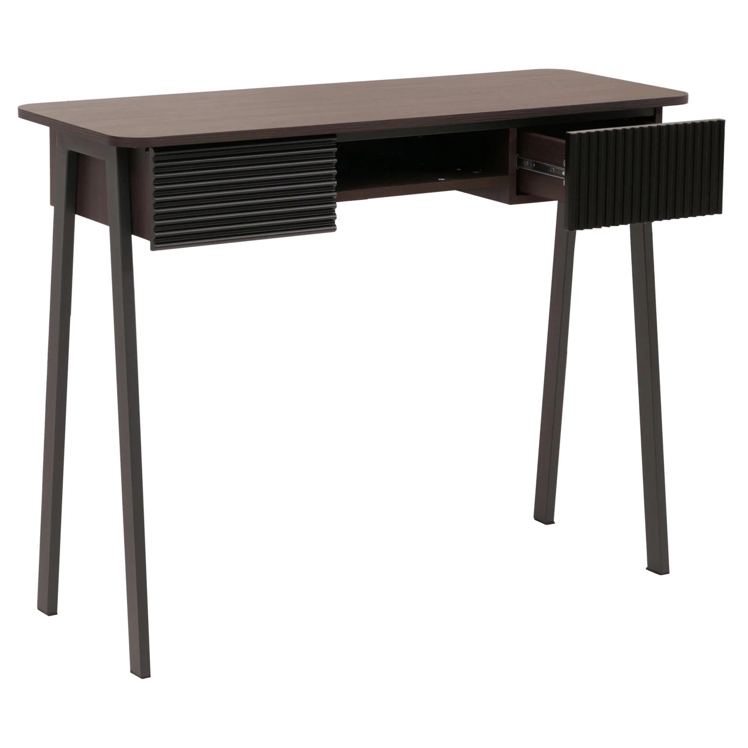 MCW Konsolentisch O40 Ablage Schublade MDF Melamin Metall 88x110x40cm Walnuss-Optik