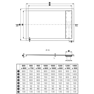 Technische Zeichnung Ottofond Duschwanne Plateau, rechteckig, 90x75 cm, Maße und Ablaufposition.