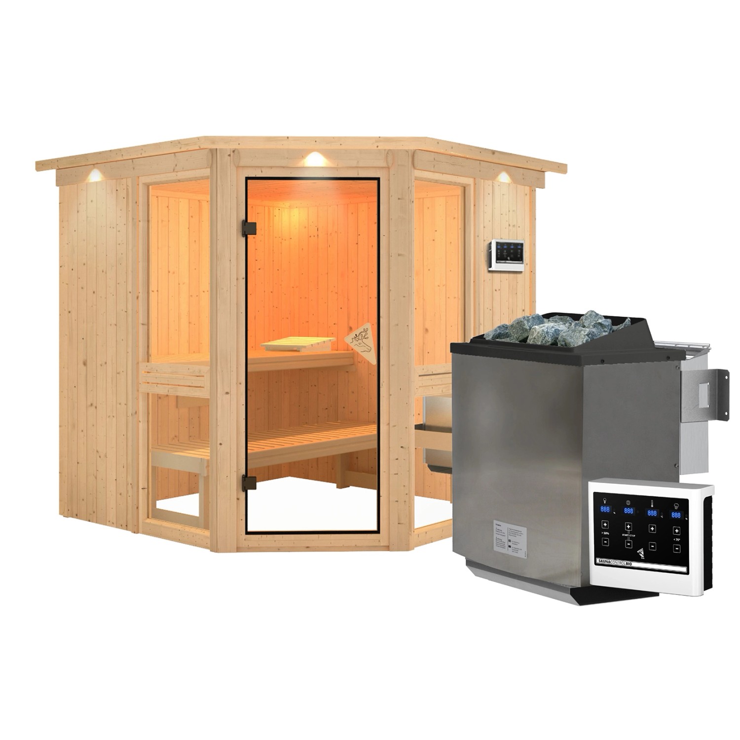 Karibu Sauna Anina 2 Zoll mit Kranz und Ofen 9 kW Extern Naturbelassen günstig online kaufen