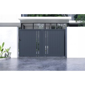 Graues Casanoov Schiebetor Giona (3m) mit zwei Pfosten (15x15cm, H 190cm) aus Aluminium.