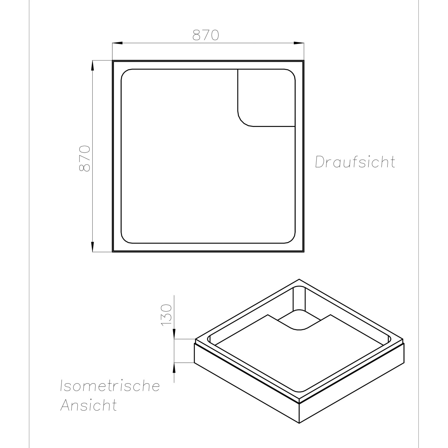 Technische Zeichnung Ottofond Wannenträger Aruba 90x90 cm für Duschwanne, Draufsicht und isometrische Ansicht.