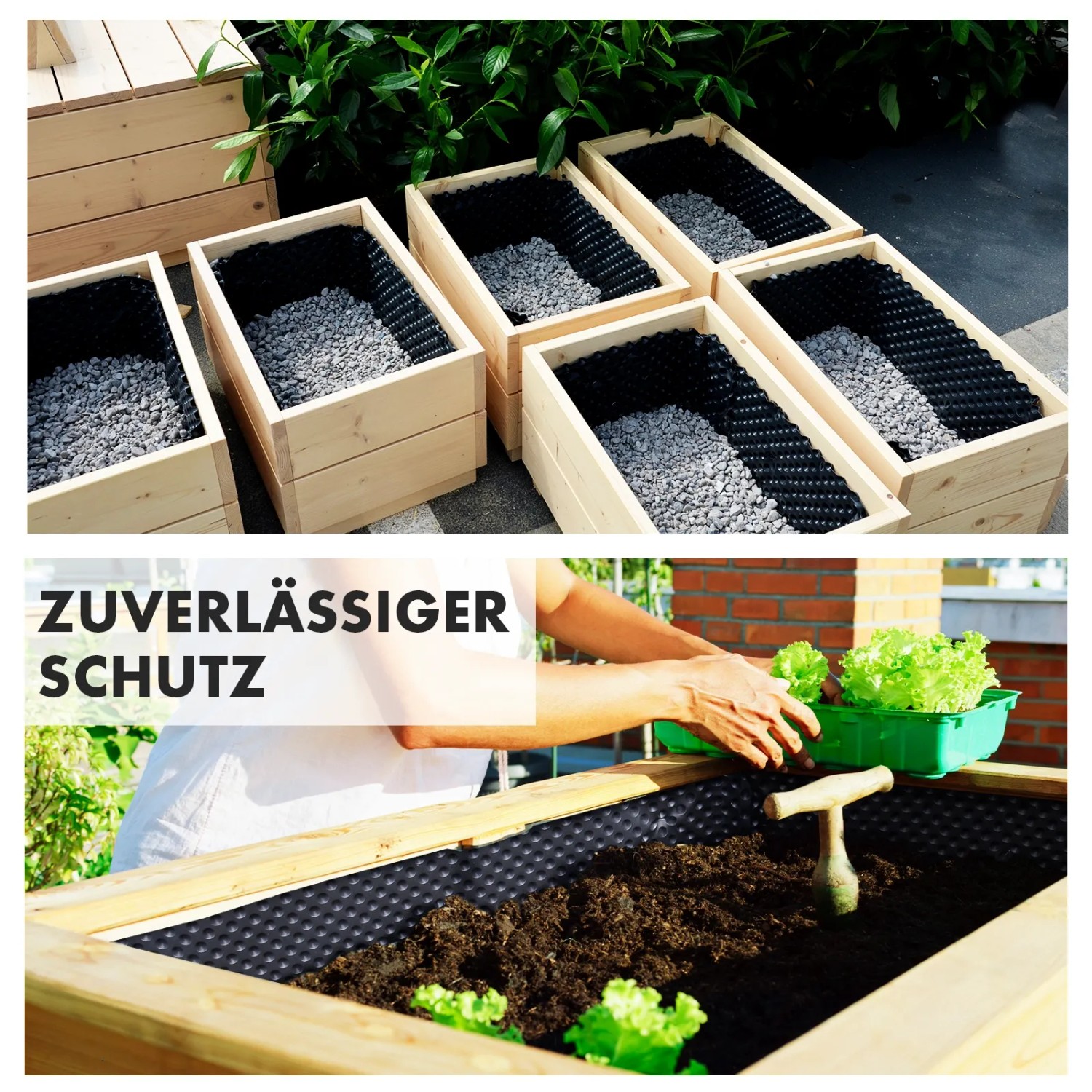 Schwarze KARAT Noppenfolie als Schutz in Hochbeeten und Pflanzkästen im Garten.