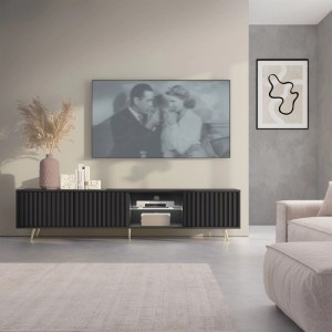 TV-Lowboard Bello 175 cm Schwarz / Lamellen mit LED und Goldenen Beinen