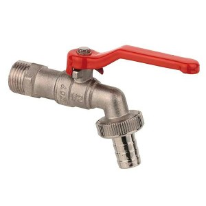 Kirchhoff Kugel-Auslaufhahn, vernickelt, mit rotem Griff. Auslaufventil für Garten und Industrie.