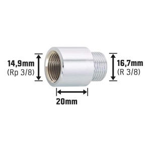 Verchromte Hahnverlängerung aus Messing, 14,9 mm x 16,7 mm, 20 mm lang.
