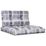 Graues Palettenkissen-Set mit Karomuster. Bequemes Sitz- und Rückenkissen aus Polyester für Gartenmöbel.