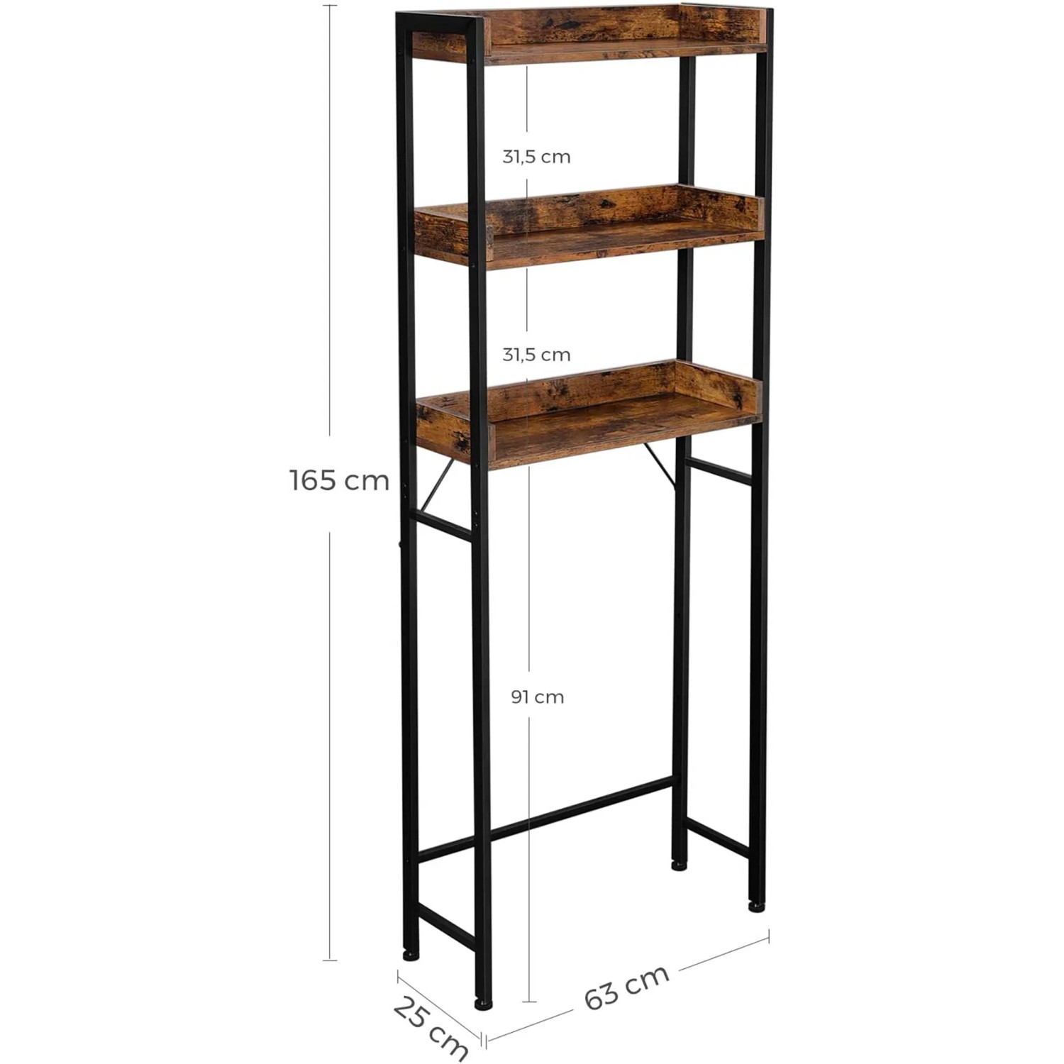 Vasagle Badezimmerregal mit 3 Ebenen in Braun-Schwarz, 25x63x165cm. Sideboard für mehr Stauraum.