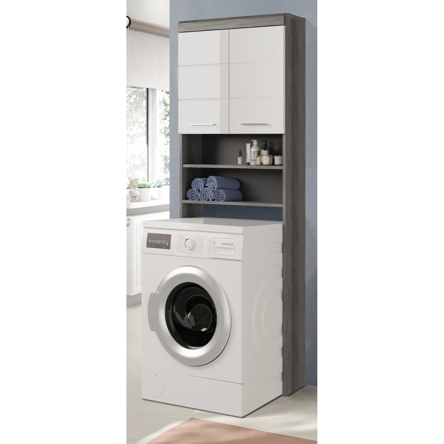 Thumbnail - Inn.Furn Waschmaschinenschrank Weiß Hochglanz Grau 63 cm 6 Fächer Shawn