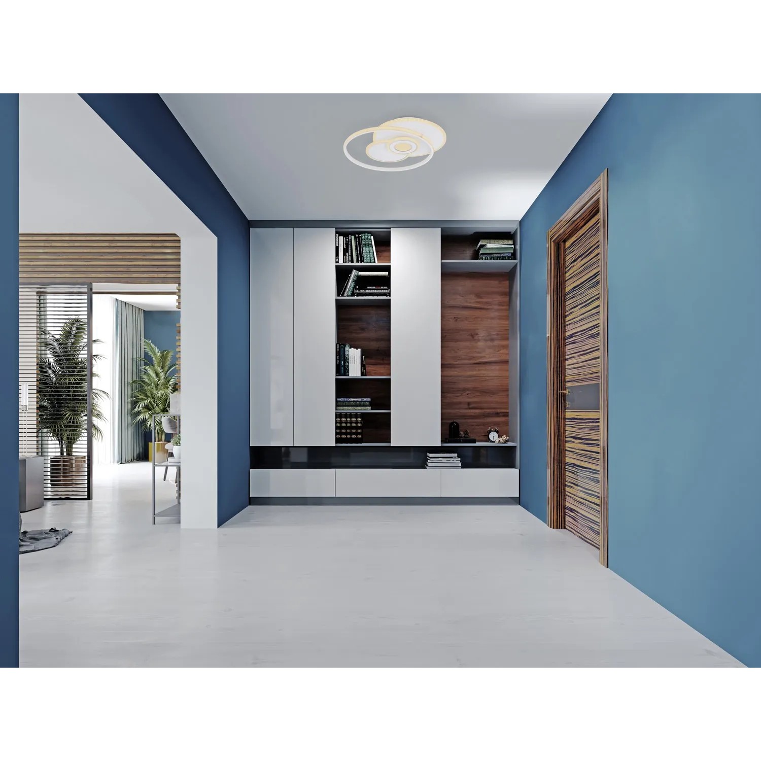 Moderne LED-Deckenleuchte Roderick in Weiß/Chrom im Wohnraum.
