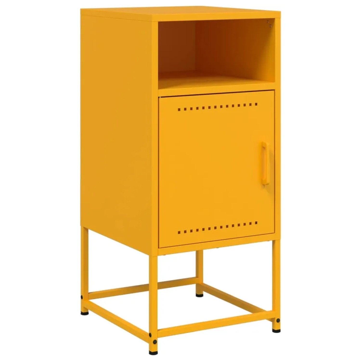 Zwei senfgelbe Nachttische aus Stahl mit Tür und offenem Fach. Modernes Design für Schlafzimmer.