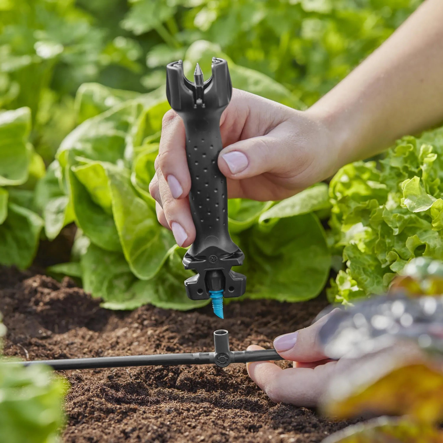 Gardena T-Stück für Micro-Drip-System: Installation einer Sprühdüse mit Montagewerkzeug.