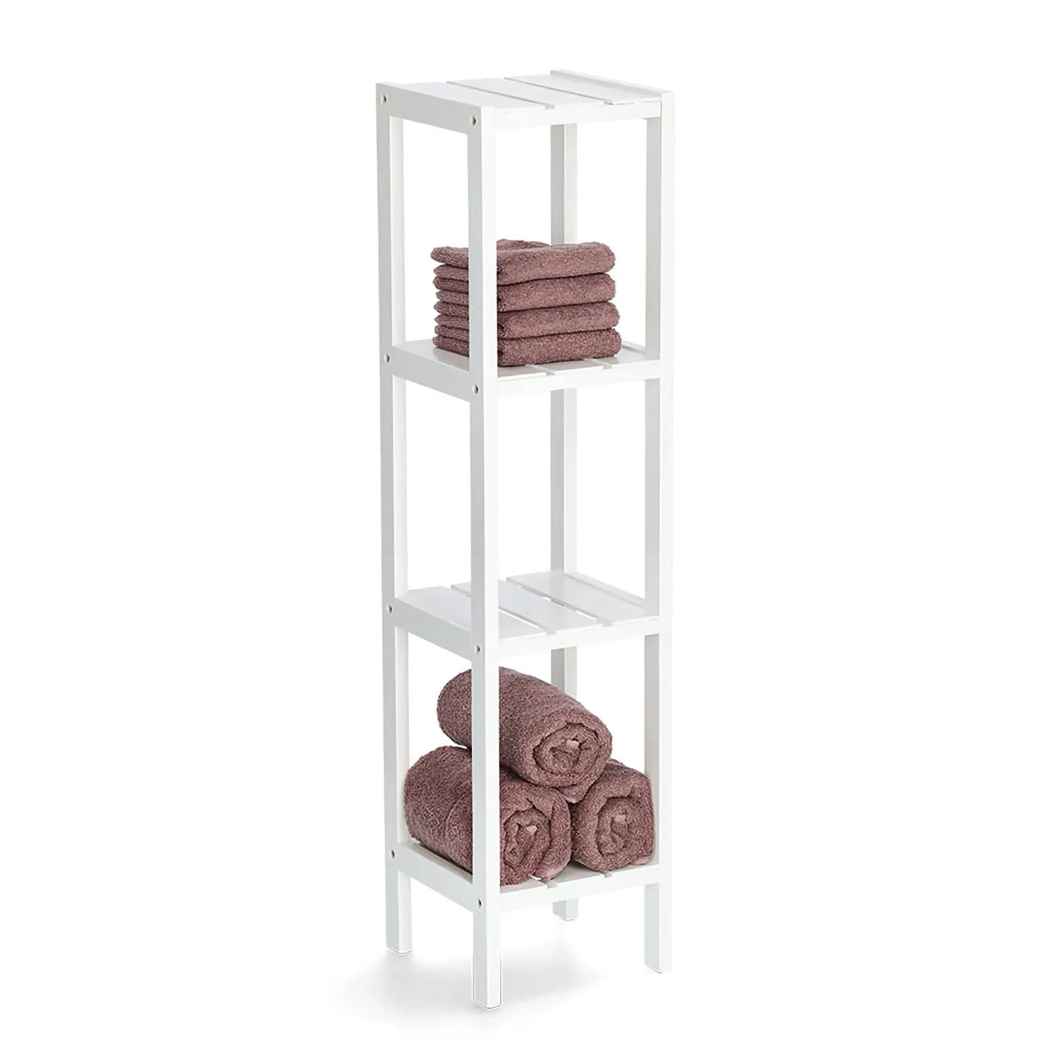 Weißes Zeller Standregal mit 4 Ablagen aus MDF, ideal für Bad oder kleine Nischen.