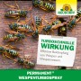 Neudorff Wespenspray Turbo: Wespen auf Holzuntergrund, Hinweis auf turboschnelle Wirkung.