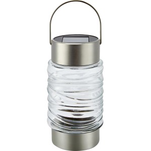 Silber-transparente Solarleuchte aus Glas und Edelstahl mit Henkel.