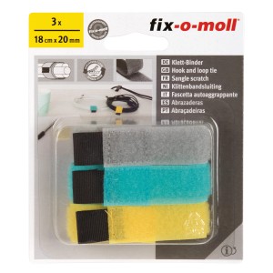 Fix-o-moll Klett-Binder, 3er-Pack in Grau, Türkis und Gelb, 18 cm lang, für Kabelmanagement.