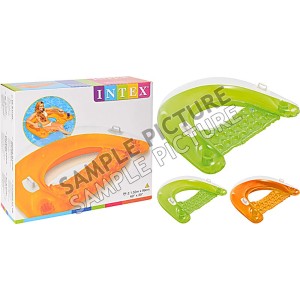 Aufblasbarer Schwimmsitz mit Griffen und Getränkehaltern, in Grün und Orange.