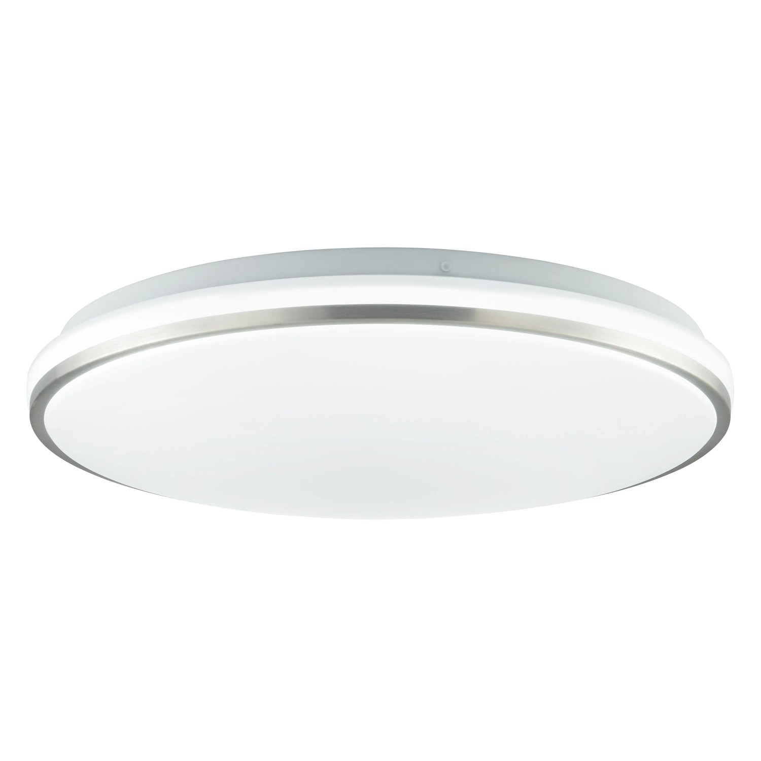 Weiße LED Deckenleuchte Avalis mit gebürstetem Aluminiumrahmen, Durchmesser 38 cm.