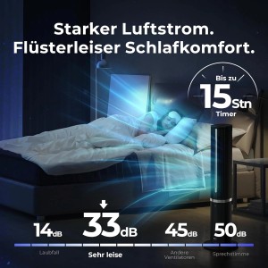 Schlafzimmer-Szene mit Balter Turmventilator VT-11-BL, der für kühle Luft und Komfort sorgt.
