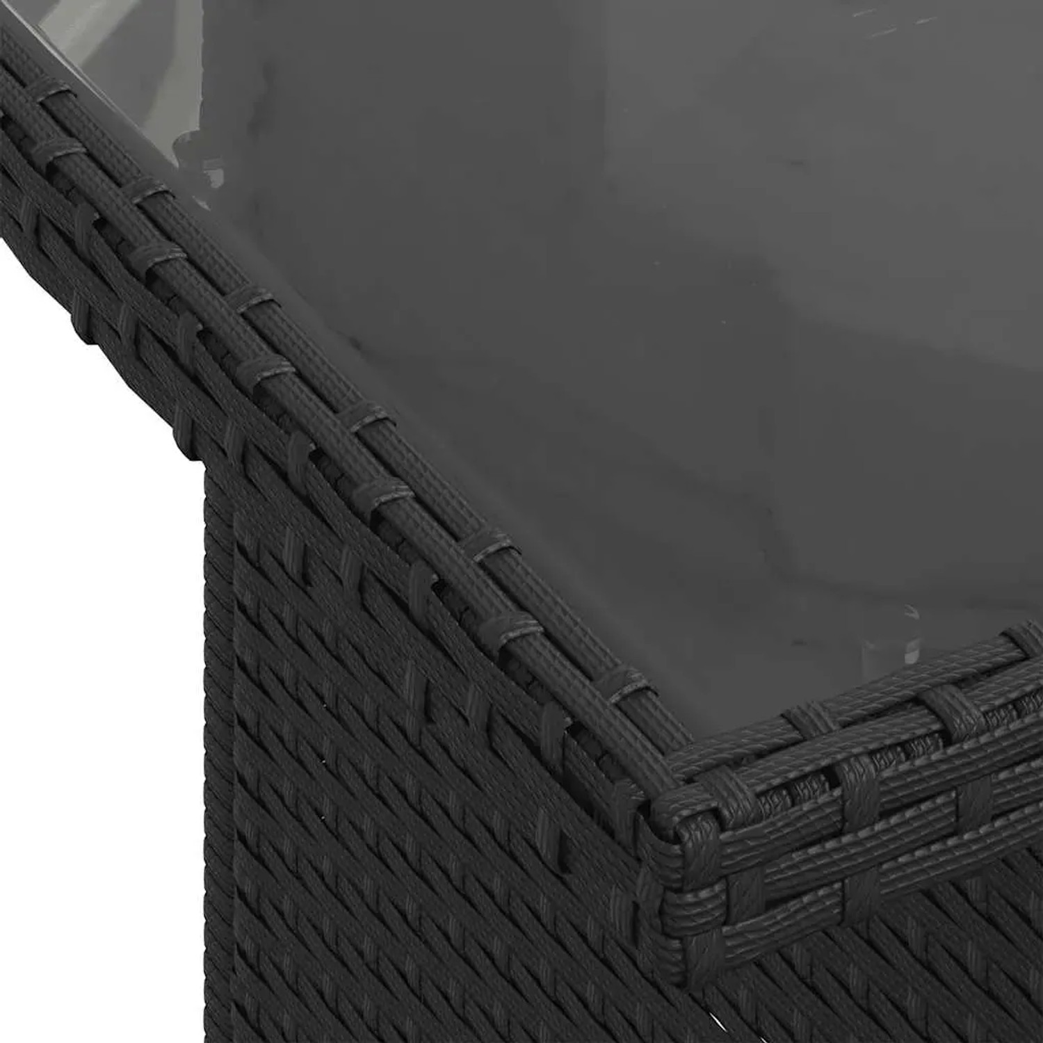 Detailansicht Gartentisch der vidaXL Sofagarnitur, schwarzes Poly Rattan mit Glasplatte.