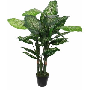 Dekorative Dieffenbachia Kunstpflanze, 105 cm hoch, mit großen, hellgrün gemusterten Blättern im schwarzen Topf.