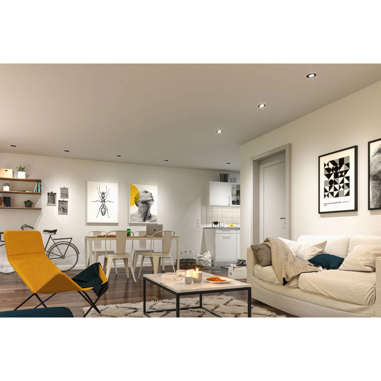 Wohnraum mit Paulmann LED-Einbauleuchten Smart Home Zigbee Coin, warmweißes Licht.